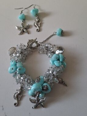 2-Pc Handcrafted Clear Quartz & Aqua Blue Beaded Beach Charm Bracelet & Earrings